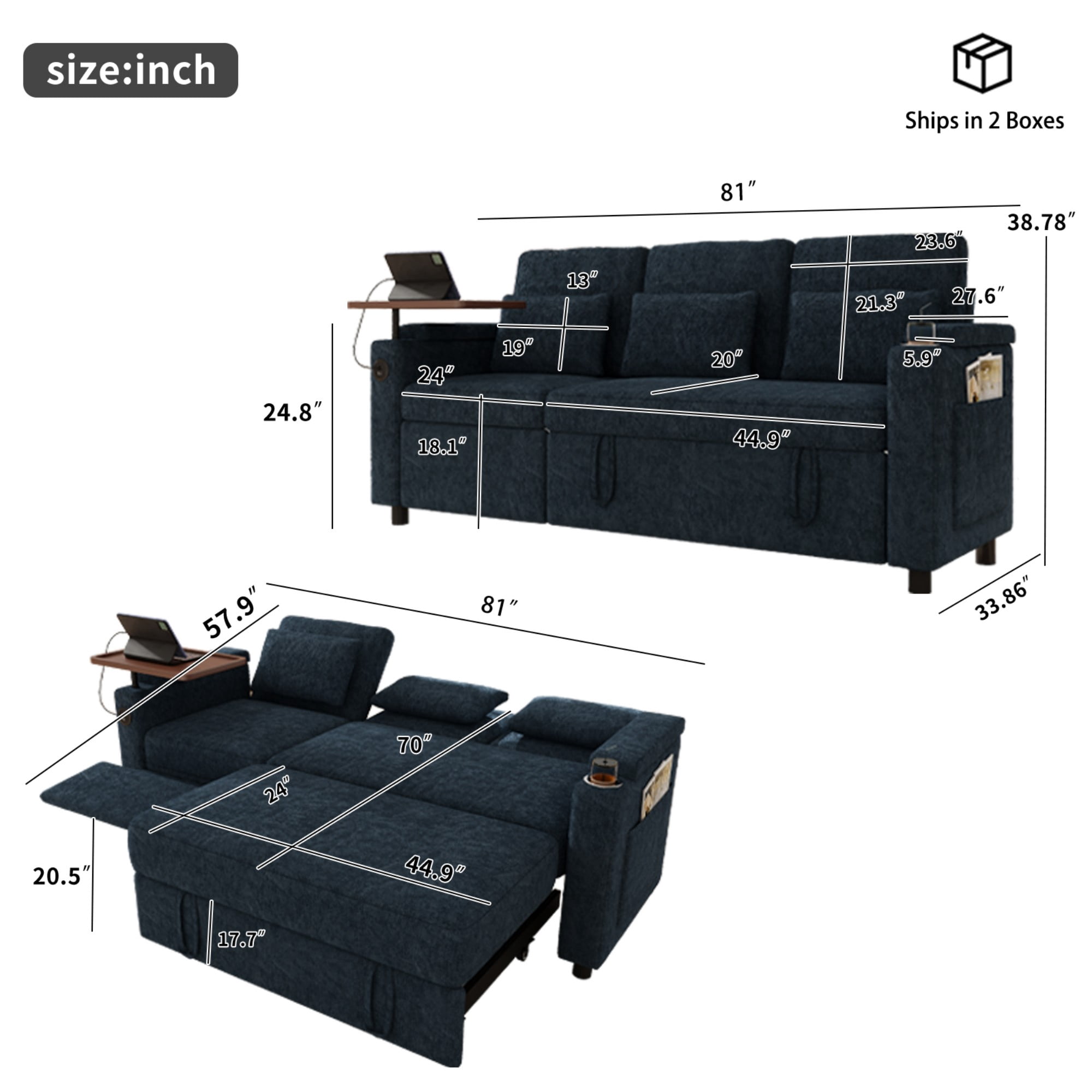 DEALTOPS 81" Chenille Pull-Out Sleeper Sofa Bed with Recliner, Tray Table, USB Ports & Storage, Blue