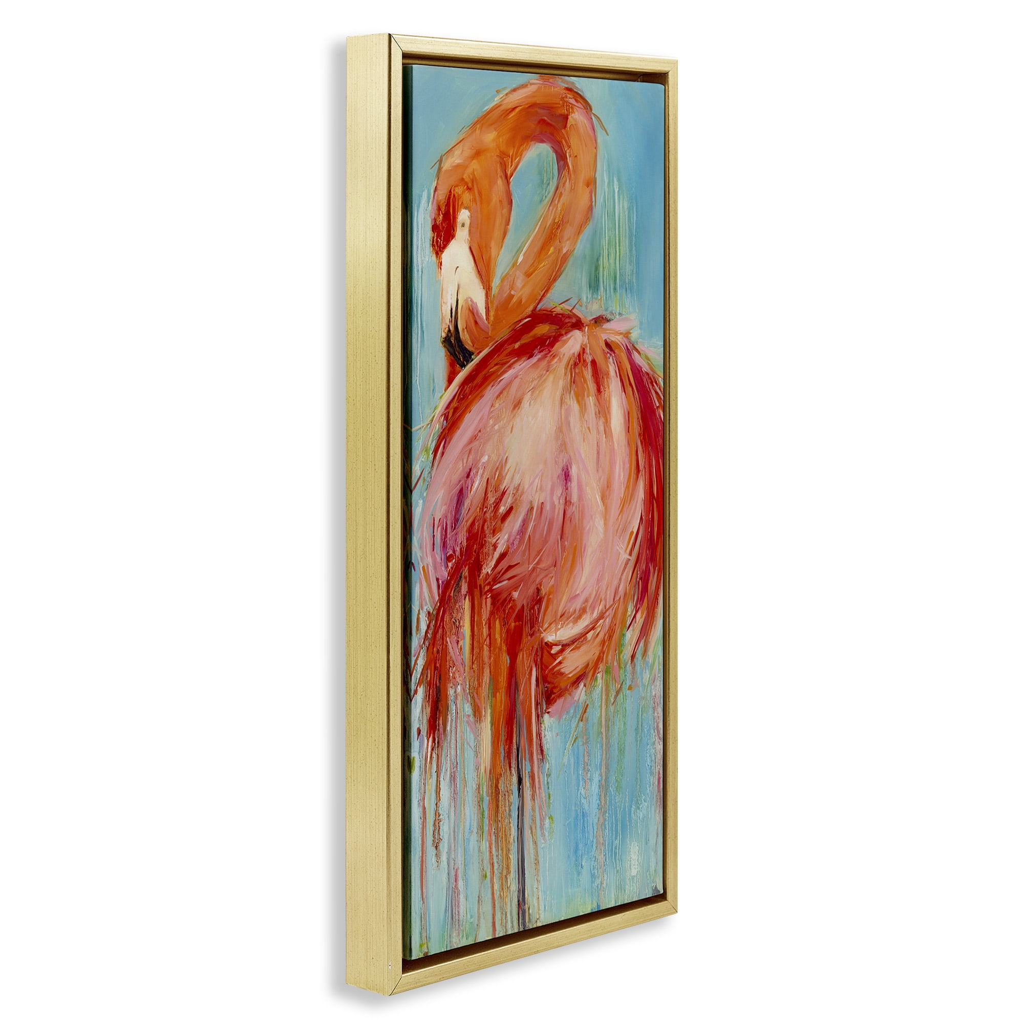 Stupell Industries Bold Abstract Flamingo Painting Nature Painting Gold Floater Framed Canvas Art Print Wall Art, 11 x 25
