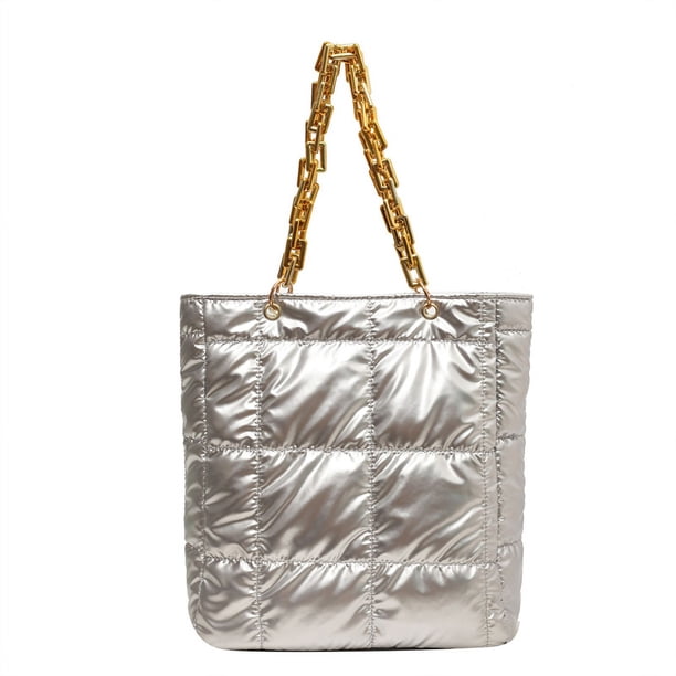 Bolso Mujer Cadena Decoración Un Solo Hombro Puffer Tote Bolsos De Compras Plata