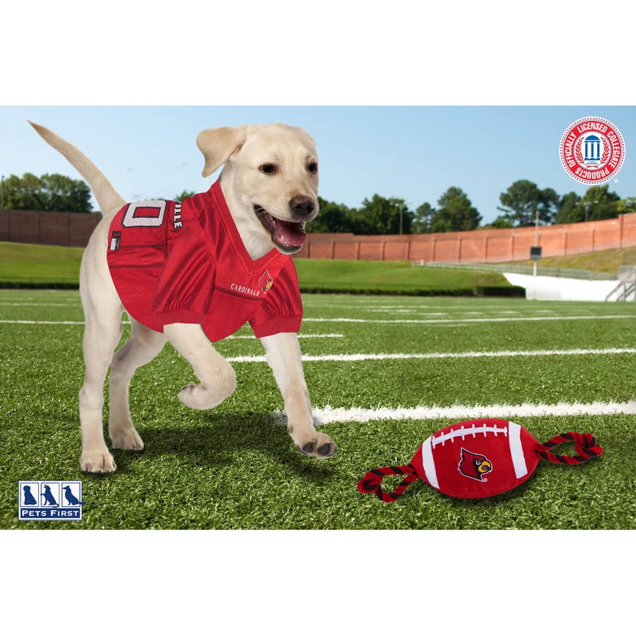 Pets First NCAA Louisville Cardinals Strong, Durable, Chewable Football Dog Toy with Inner Squeaker and Side Ropes, Officialy Licensed