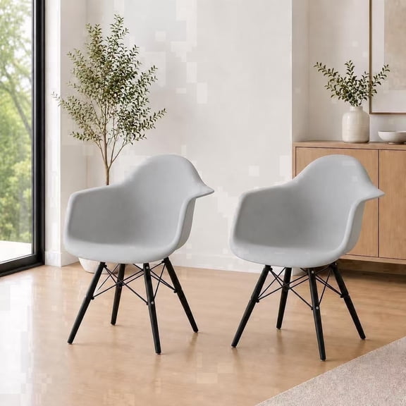 2xhome Set of 2 Light Gray Mid Century Modern Designer Contemporary Vintage Chairs Dining No Wheels Living Kitchen Guest With Arms Armchairs Solid Back Accent Plastic Black Wood Wooden Legs DAW
