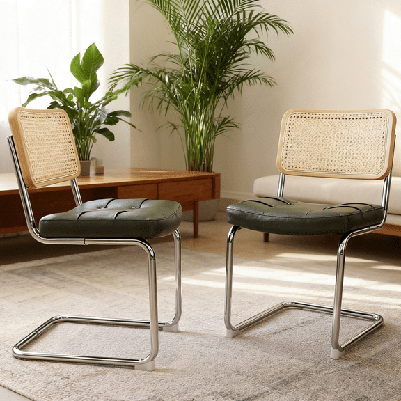 ECOBUY Dining Chairs Set of 2 Dark Green Faux Leather Rattan Backrest Chrome Cantilever Frame, 20.9 in L