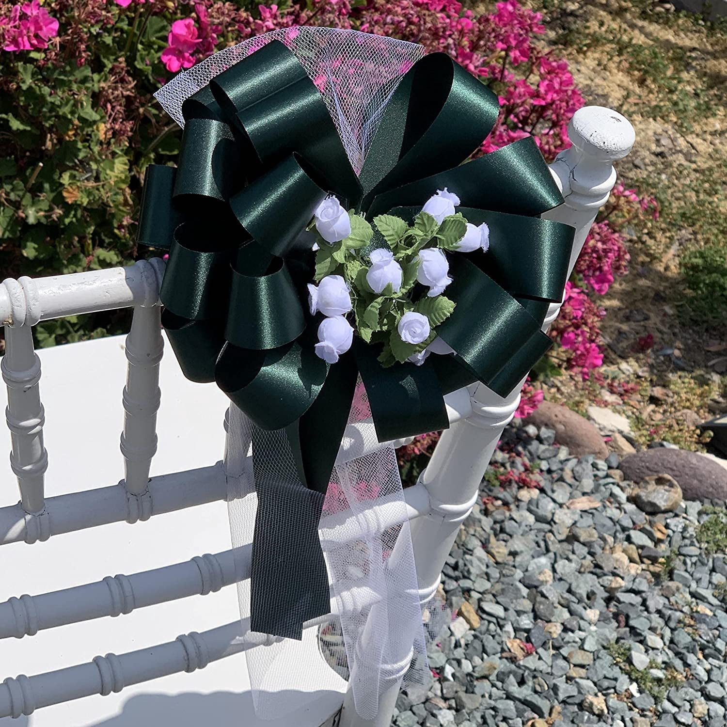 Hunter Green Pull Bows with Tulle Tails and Rosebuds - 8" Wide, Set of 6, Christmas, Wedding, St. Patrick's Day