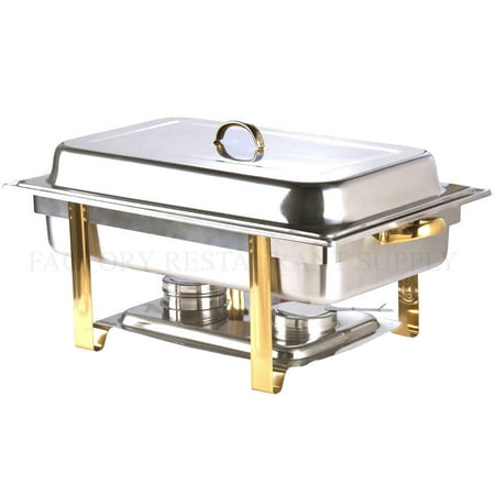 

Deluxe Full Size 8 Qt Gold Accent Stainless Steel Buffet Chafer Chafing Dish Set