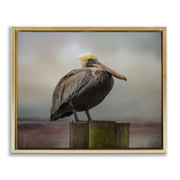Stupell Industries Rustic Lodge Pelican Perched Wildlife Nature Gold Floating Frame Canvas Art, 21 x 17, by Kelley Parker