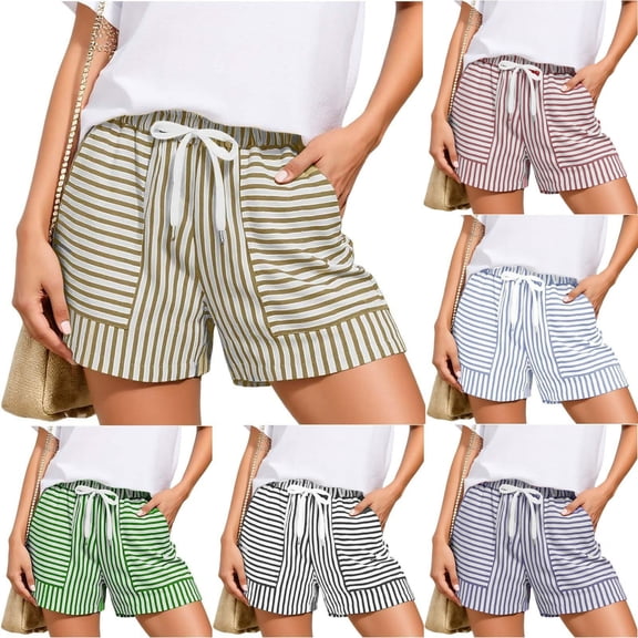 Women's Solid Color Striped Drawstring Elastic Waist Pants with Multi-Pockets, Soft Polyester Shorts for Casual Summer Travel & Active | TruBelle,Black L