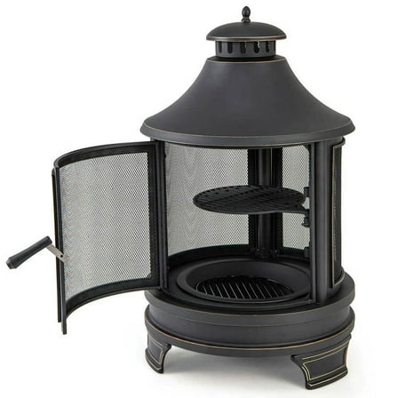 Yardi Yarda 30 Inch Outdoor Fire Pit Chiminea with Grill, 2-in-1 Multifunctional Fire Pit for Outdoor, Black