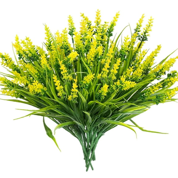 Homwamee 12 Bundles Artificial Lavender,Plants, Outdoor Fake Plants Spring Grass with Flowers for Pot UV Resistant Garden Decor for Garden Patio Hanging Planter Pathway Front Porch Yellow