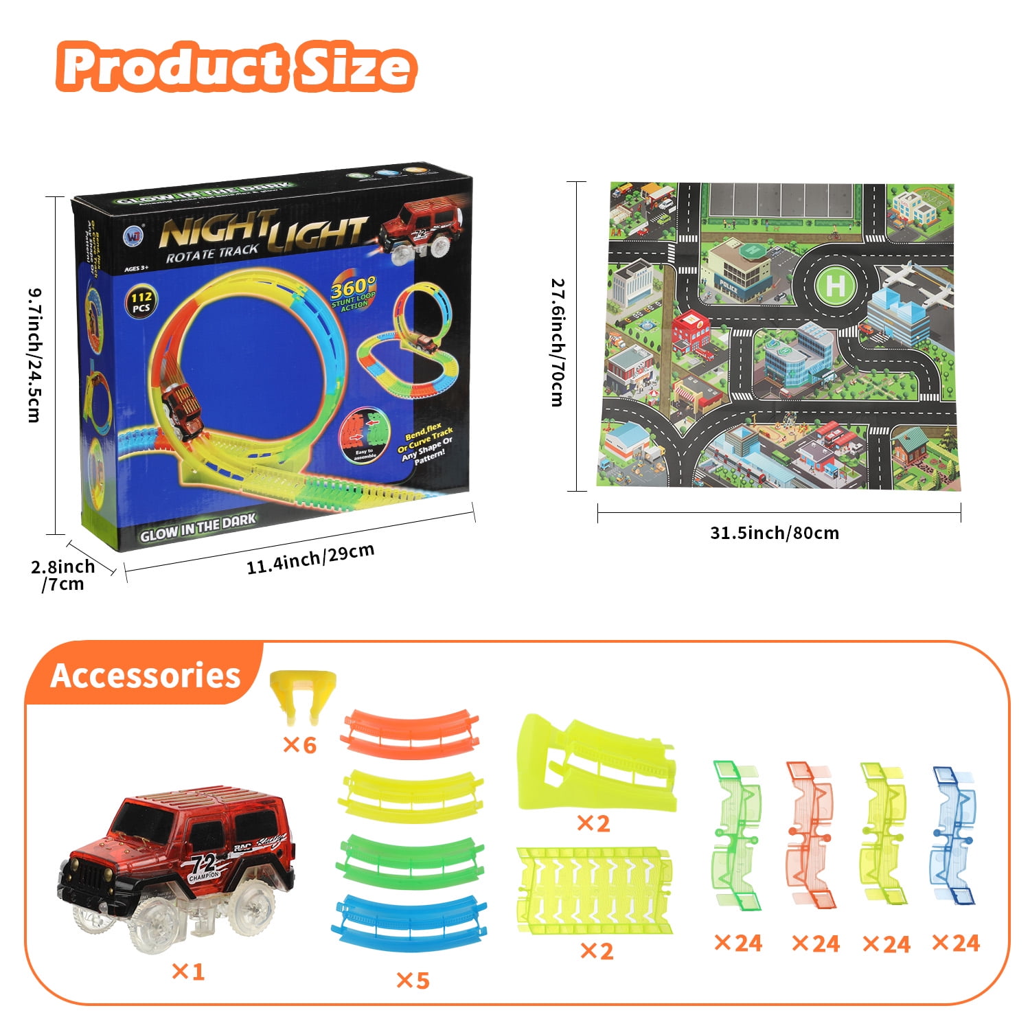 Petbank Glow Race Track Playset for Kids Flexible Race Car Track Set with LED Lights 114PCS Glow in the Dark Car Toy Set with 1 Light up Toy Cars for Girls and