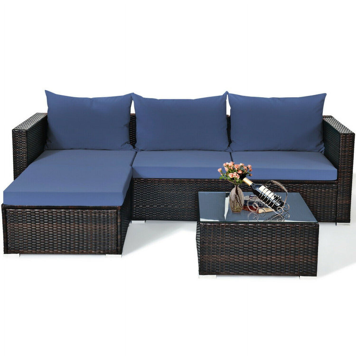 Aimee Lii 5 Pieces Patio Rattan Sectional Furniture Set with Cushions and Coffee Table, Outdoor Deck Furniture, Navy Aimee Lii 5 Pieces Patio Rattan Sectional Furniture Set with Cushions and Coffee Table, Outdoor Deck Furniture, Navy