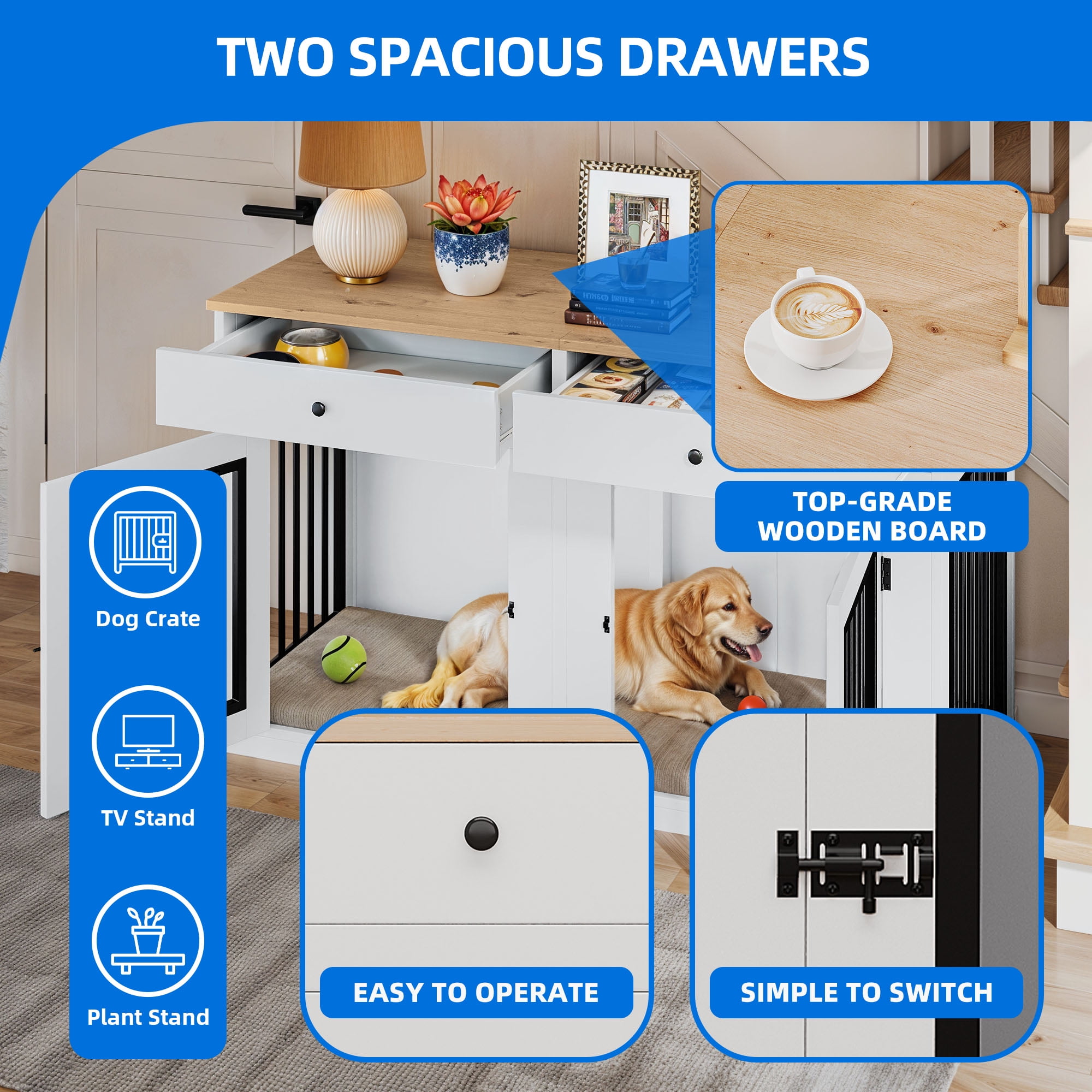 Dextrus 60" Large Double Door Dog Crate Furniture with Locks, Indoor Dog Cage Table with Removable Divider & 2 Storage Drawers, White