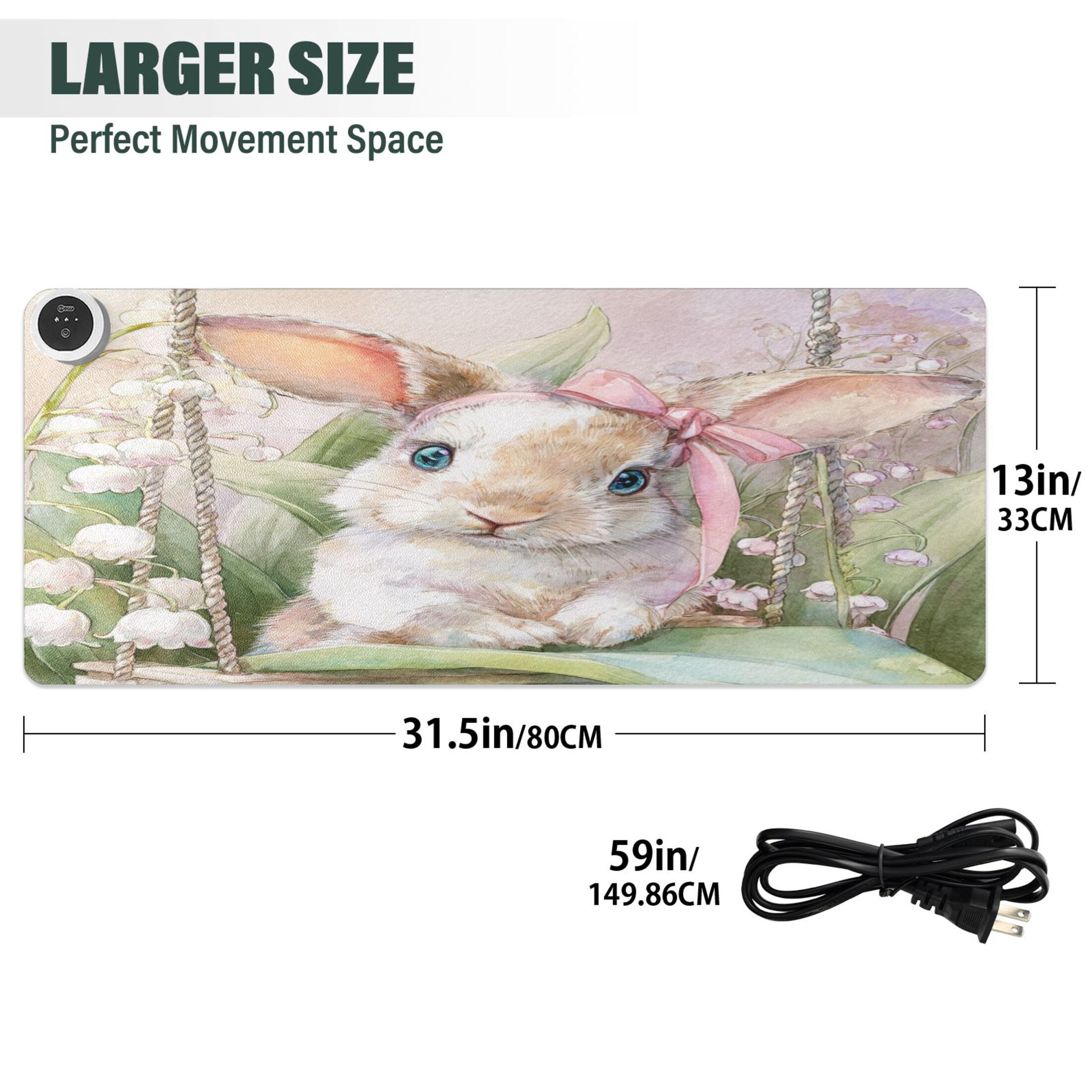 Large Heated Desk Mat Mouse Pad 31.5"x13"PU Leather Graphene Heating Desk Warmer with 3 Temperature Settings 110V US Plug Non-Slip Warm Pad for Home, Office, and Gaming Pink Bow Bunny Art