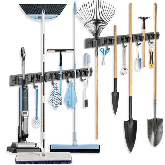 2 Pack Broom Holder Wall Mount with 5 Holders & 4 Hooks, Adjustable Removable Wall Mounted Broom Tool Storage Stainless Steel Self-Adhesive for Garden Tool Organizers Home Kitchen Bathroom，Grey