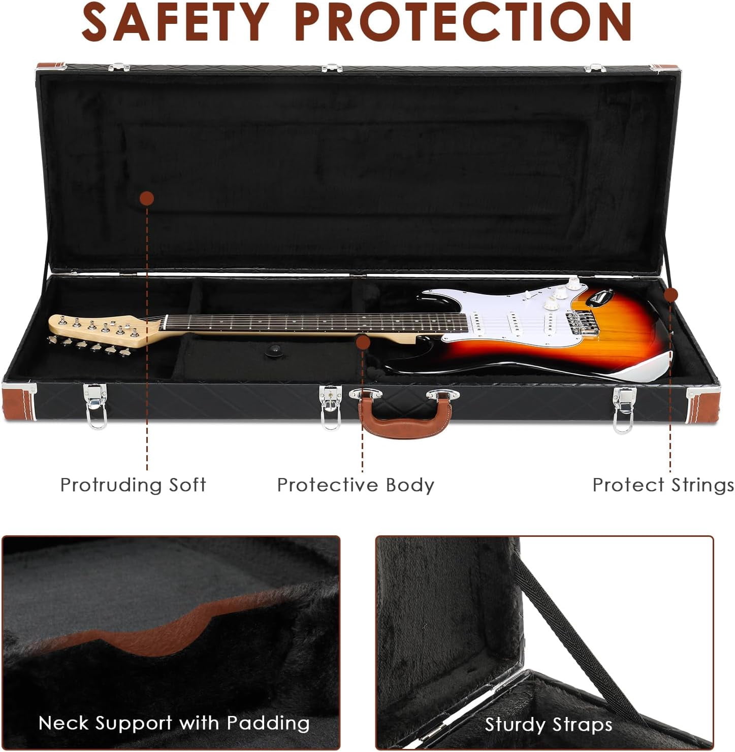 HarmonyStrings Guitar Hard Case, Rectangle Wooden Standard 39-Inch Electric Guitars Hard-Shell Protective Carrying Case for KST/KTL/170 Model with Lock Latch Padding Diamond Black