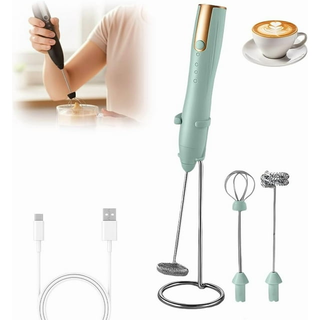 Rechargeable Milk Frother Handheld, 3-Speed for Latte & Hot Chocolate (Green)