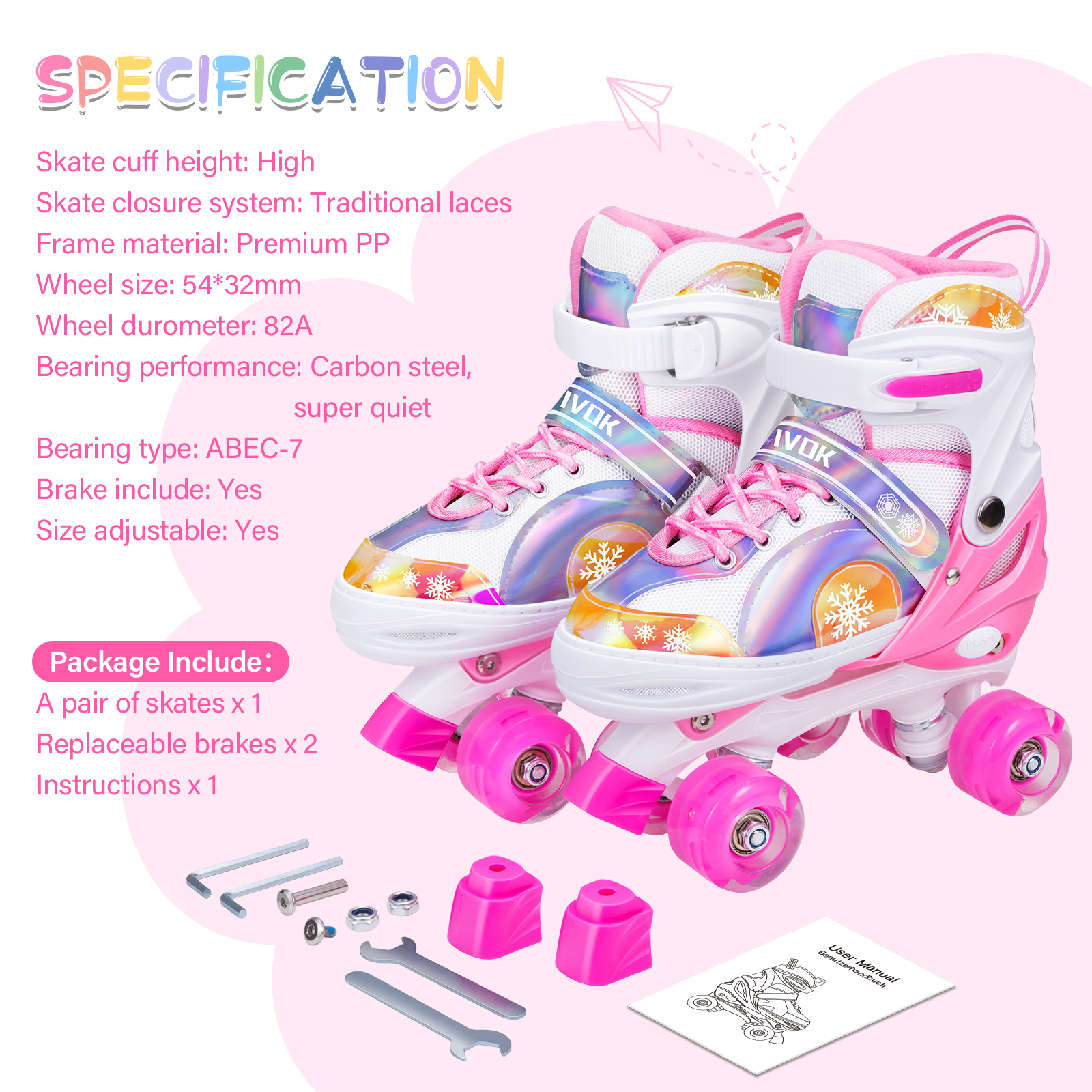 Bvivok Roller Skates for Girls Size (S: 12C-1.5Y), 4 Sizes Adjustable, with Light up Wheels, Pink