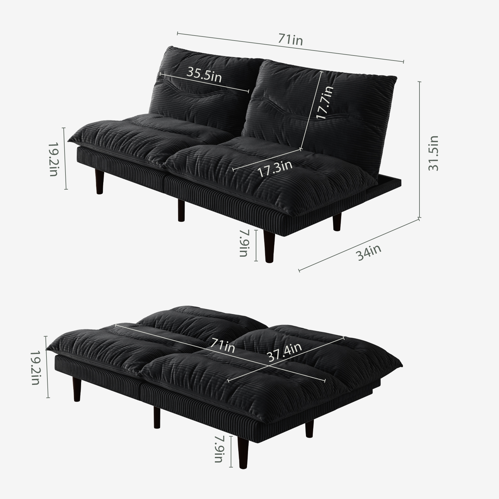 LLappuil 71" Corduroy Futon Convertible Sofa Bed, Loveseat Sleeper Sofa Couch for Living Room Apartment  Black