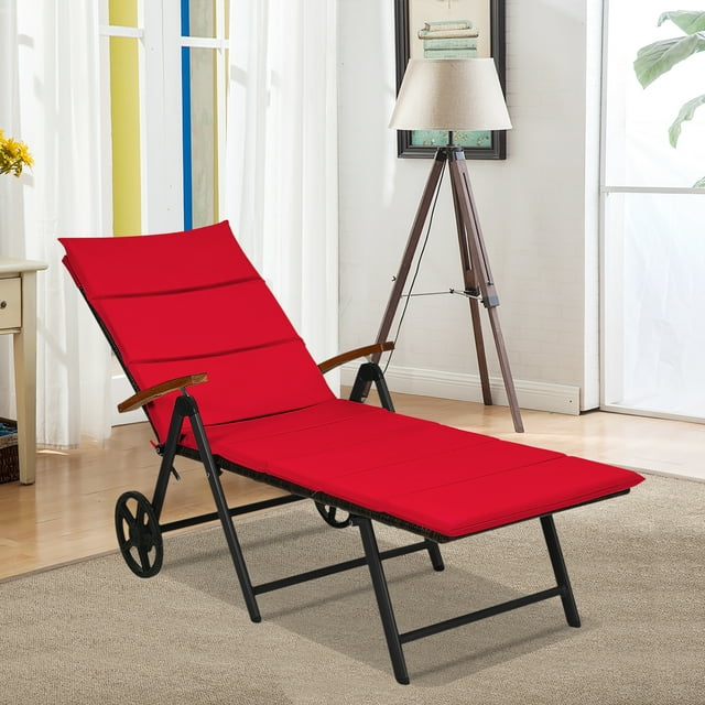 Gymax Chaise Longue Pliante en Rotin pour Patio en Aluminium avec Roue et Coussin Rouge
