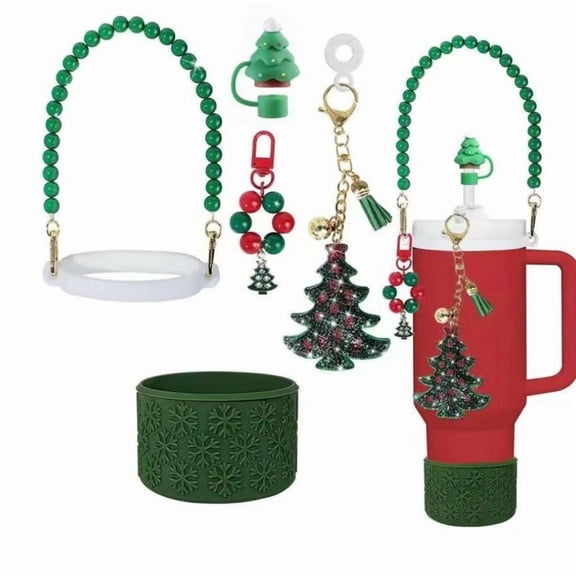 Christmas Stanley Cup Accessories Set Including 1pcs 0.4in Straw Covers, 1 Water Bottle Handle Strap, 2 Cute Christmas Charms and 1 Silicone Boot for Stanley 40oz & 30oz Tumbler