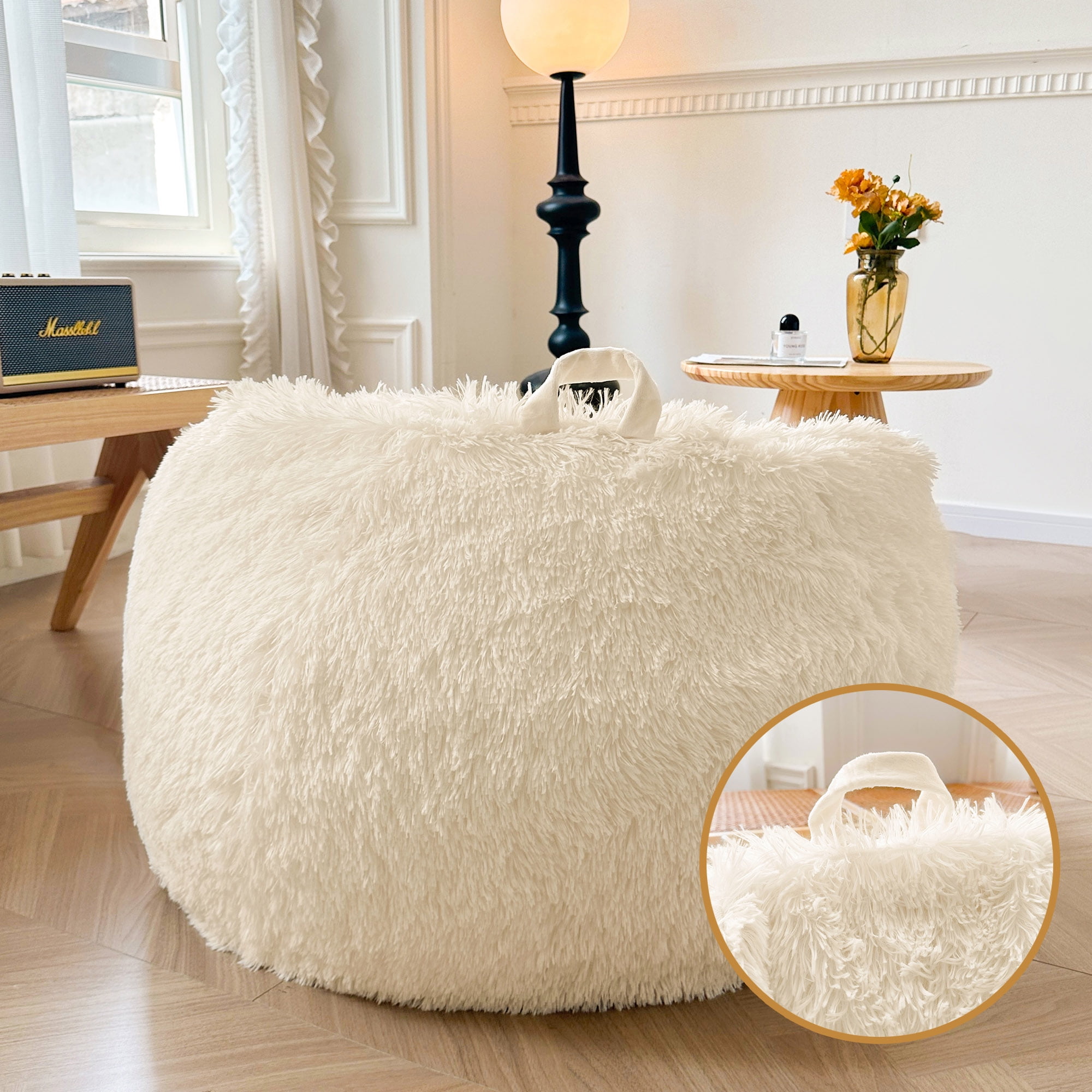 XeGe Fluffy Stuffed Animal Storage Bean Bag Chair Cover(No Filler), Faux Fur Washable Ultra Soft Bean Bag Cover for Plush Toys or Textile,Plush Shaggy Large Beanbag for Adults Kids Teens, Beige