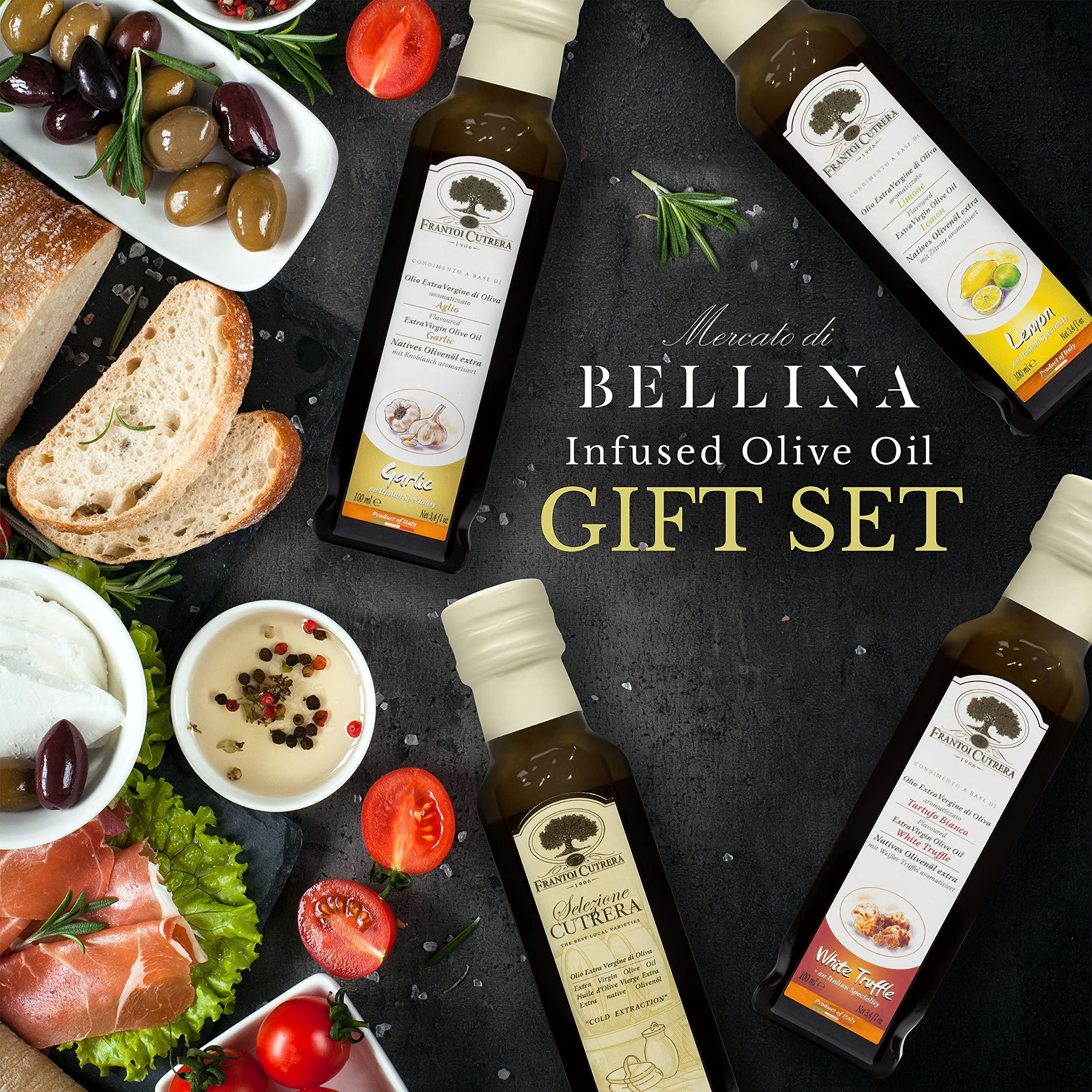 Mercato di Bellina Infused Olive Oil Tasting Set - Italian Original, Truffle, Garlic, and Lemon Flavored Olive Oil Gift Set for Cooking and Dipping Bread - Made in Italy - 4 X 3.38 fl oz (100ml)