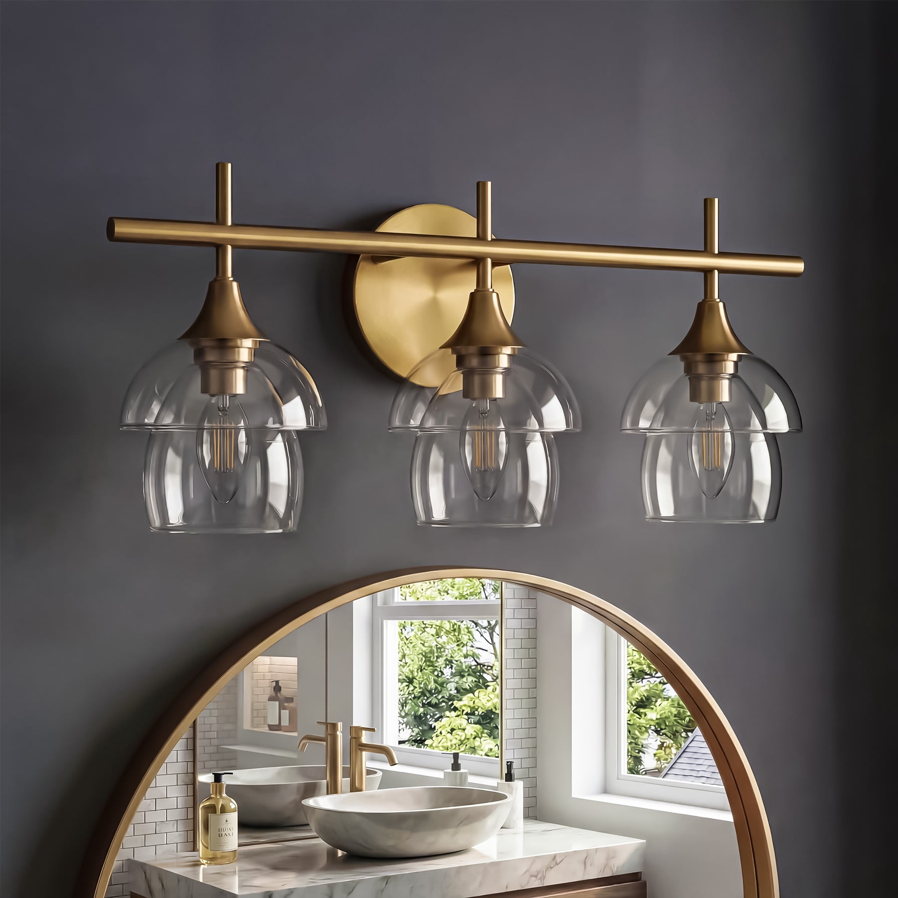 Fnova 3-Light Bathroom Vanity Light with 2-Tier Clear Glass Shade, E12 Base, Anti-Rust Finish for Bathroom Vanity Bedroom