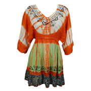 Mogul Tie Dye Cover Up Dress Floral Embroidered Orange Rayon Loose Hippie Chic Dresses