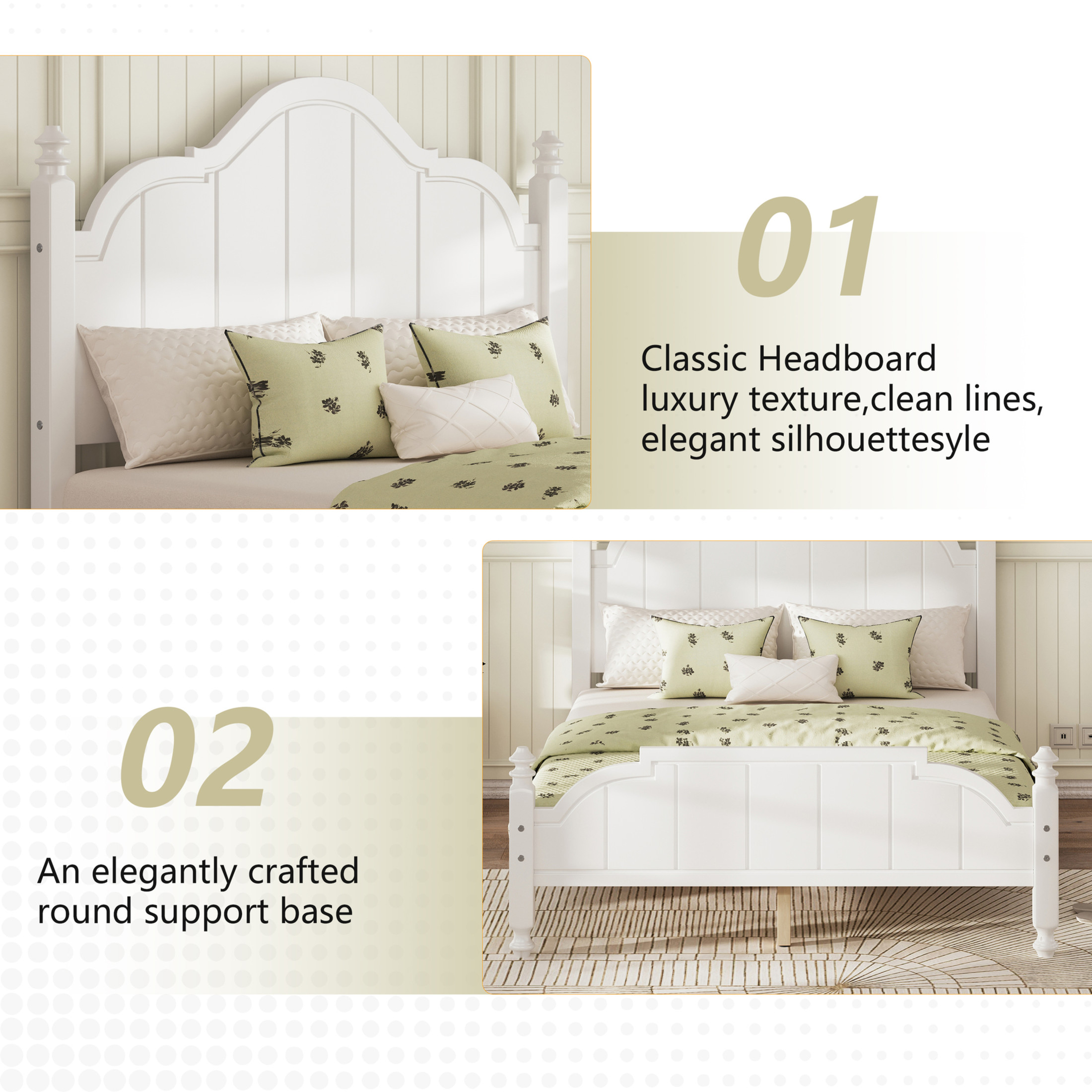 Noble House Full Bed Frame with Headboard, Vintage Wooden Platform Bed with Slat Support, White