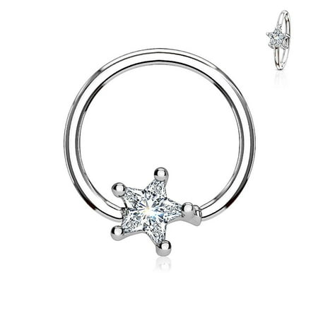 Steel Cubic Zirconia Star MoBody 16G-14G Star CZ Prong Set Captive Bead Piercing Ring Surgical Steel Ball Closure Septum Helix Cartilage Lip Piercing Jewelry (Silver-Tone/Clear CZ, 16G (1.2mm), Inner Diameter: 10mm (3/8