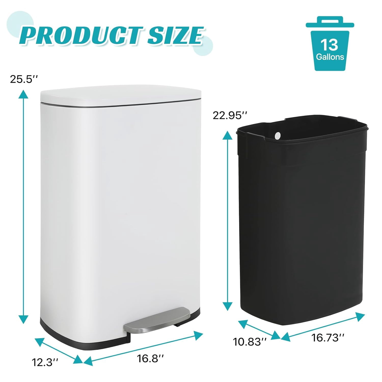 50L / 13 Gallon Step Trash Can, Fingerprint Proof Stainless Steel Kitchen Garbage Bin with Foot Pedal & Inner Bucket