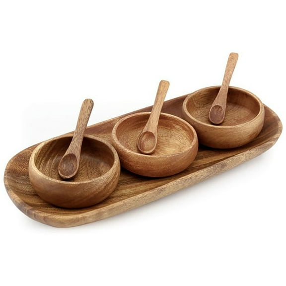 Island Imports Acacia Wood 3 Container 13.5"W x 2"H x 5.5"D Round Condiment with Tray