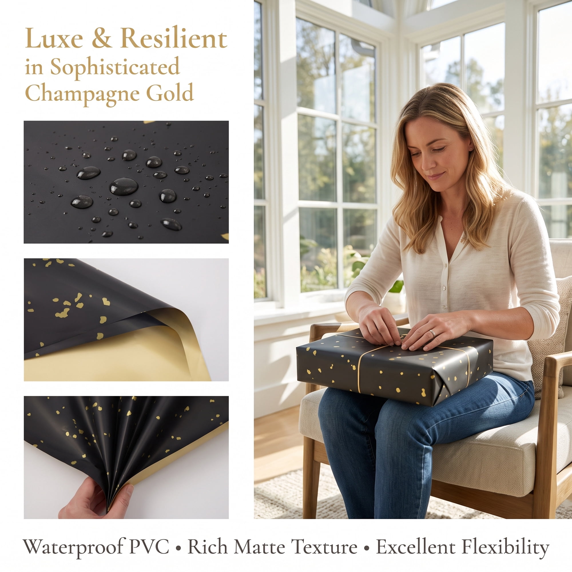 Unique Bargains Flecked Gift Wrap Paper for Floral Arrangements Black Gold 22.4"x 22.4"