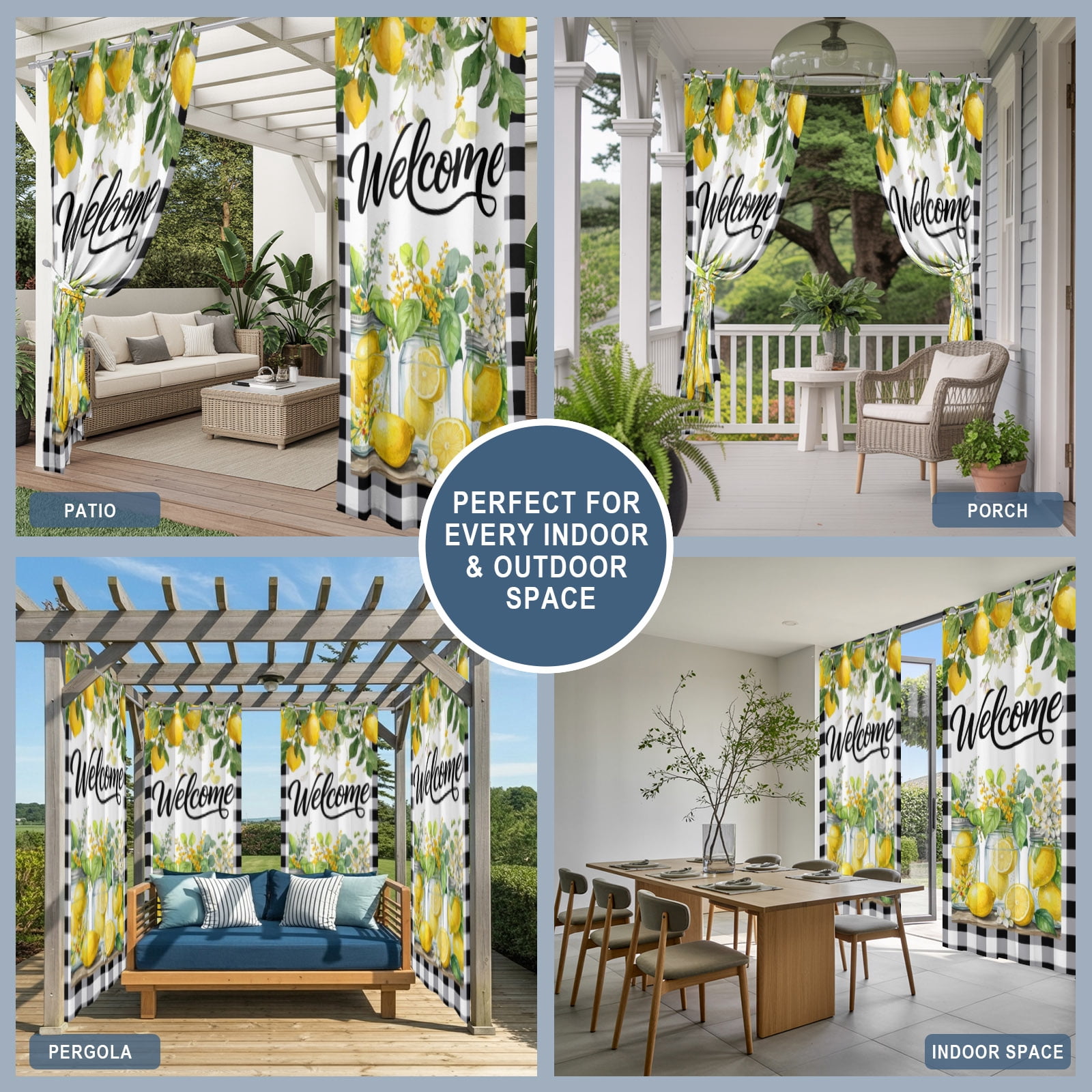 Yellow Lemons Outdoor Curtains for Patio, Welcome Summer Fruit Flower Botanical Black Plaid Sunshade Privacy Drapes Grommet Waterproof Outside Curtains for Porch/Cabana/Balcony 54"x 108", 1 Panel