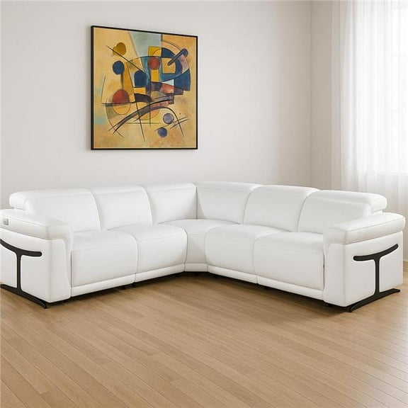 HomeRoots 534876 White Italian Leather Modular L Shaped 5 Piece Corner Sectional