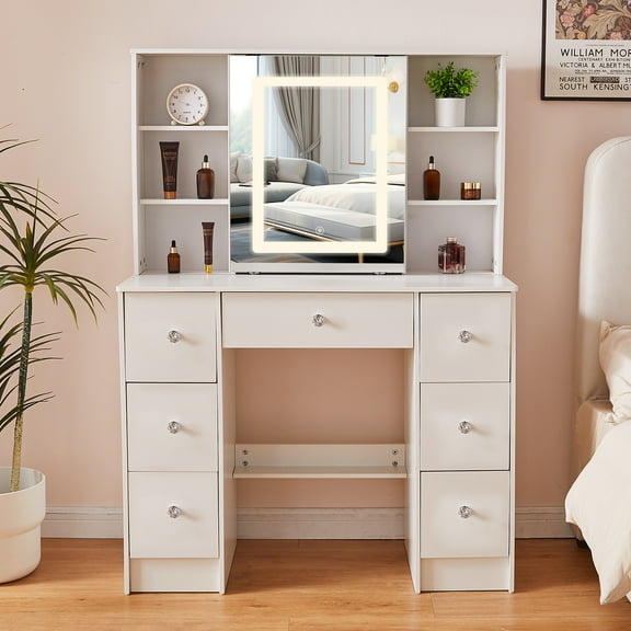 Ciumeeo Vanity Desk with 3 Color Lighted Mirror, Modern Dressing Table with Storage Shelves & 7 Drawers for Girls, White