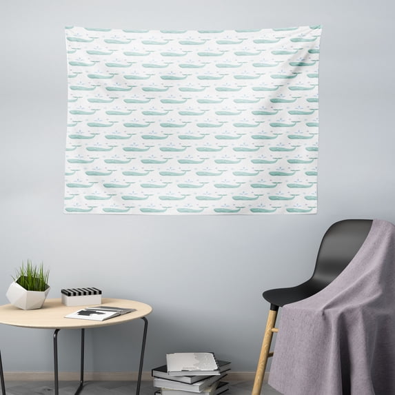 Whales Tapestry, Abstract Symmetric Mammal Fish with Marine Themed Ornamental Illustration, Fabric Wall Hanging Decor for Bedroom Living Room Dorm, 5 Sizes, Mint Green and White, by Ambesonne
