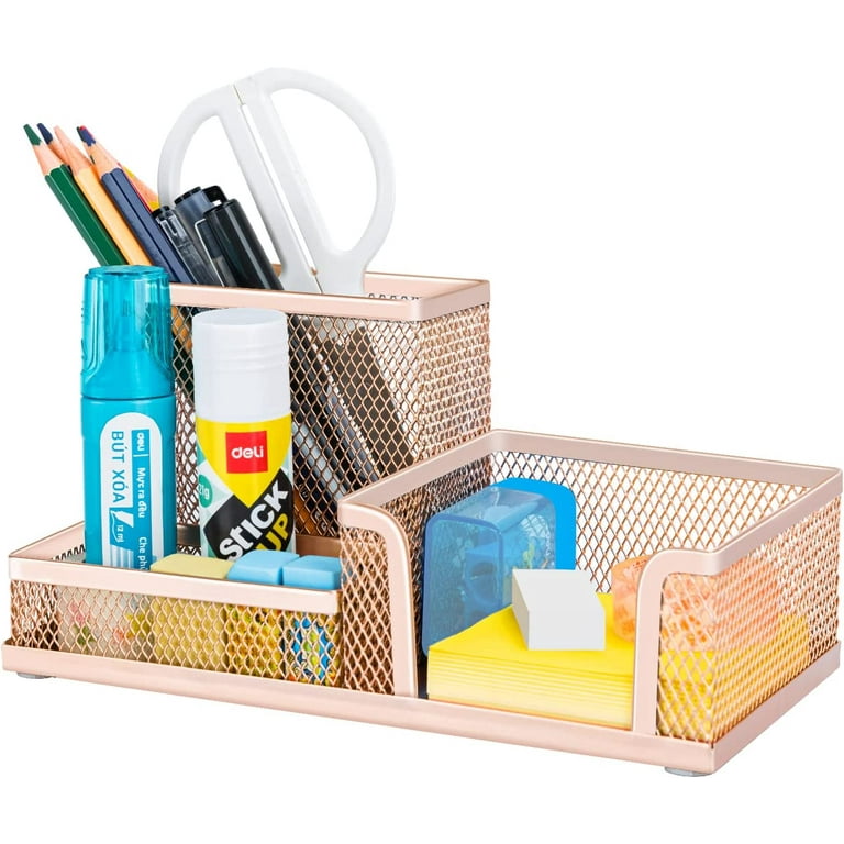 Deli Mesh Desk Organizer Office Supplies Caddy with Pencil Holder and  Storage Baskets for Desktop Accessories, 3 Compartments, Gold 