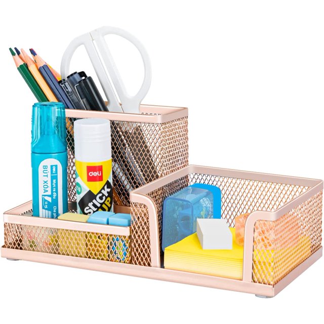 Deli Mesh Desk Organizer Office Supplies Caddy with Pencil Holder and Storage Baskets for Desktop Accessories, 3 Compartments, Gold