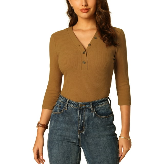 INSPIRE CHIC Women's Button V Neck Blouse Basic Long Sleeve Knitted Tops 2XL Brown