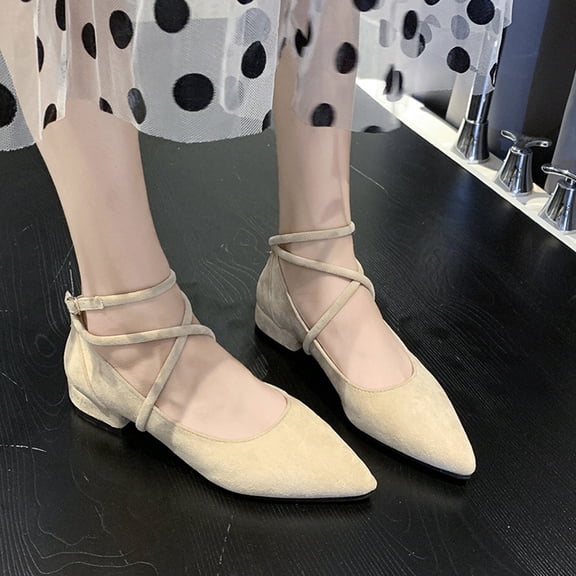 IEMIEMIEM Women's 2026 Suede Ankle Strap Low Block Heel Pumps Closed Pointed Toe Mary Janes Strappy Wedding Party Office Dress Shoes Beige 8.5 Wide