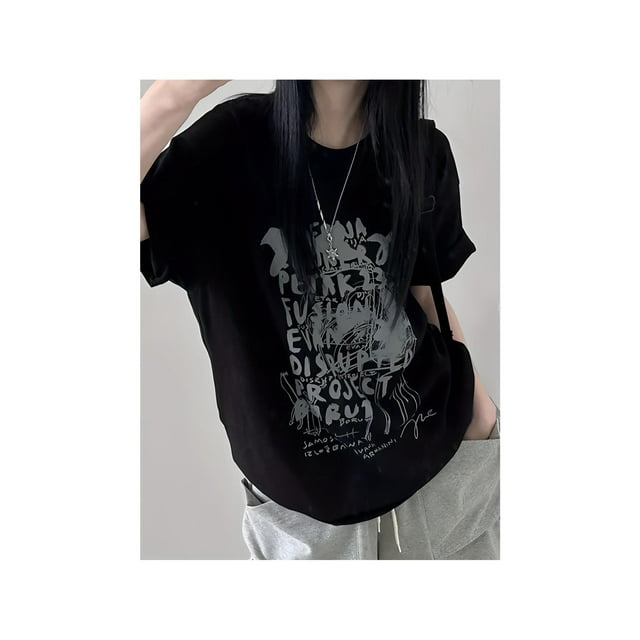 Women's Y2K Graphic Print Short Sleeve T-Shirt - Black Loose Fit Summer Top with artistic Letter Design, Casual Streetwear Style