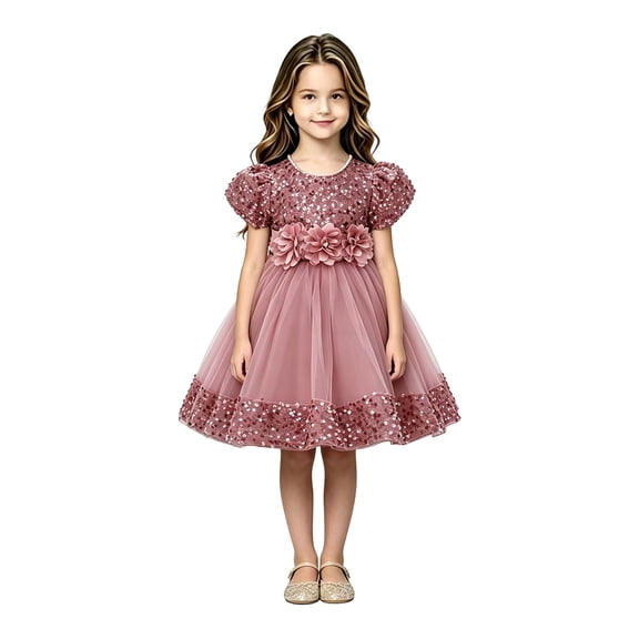 EnJoCho Girls Sequin Dress Puff Short Sleeve 3D Rose Waist Tulle Formal Gown For Little Girls Toddler Wedding Birthday Party Holiday Princess Dress