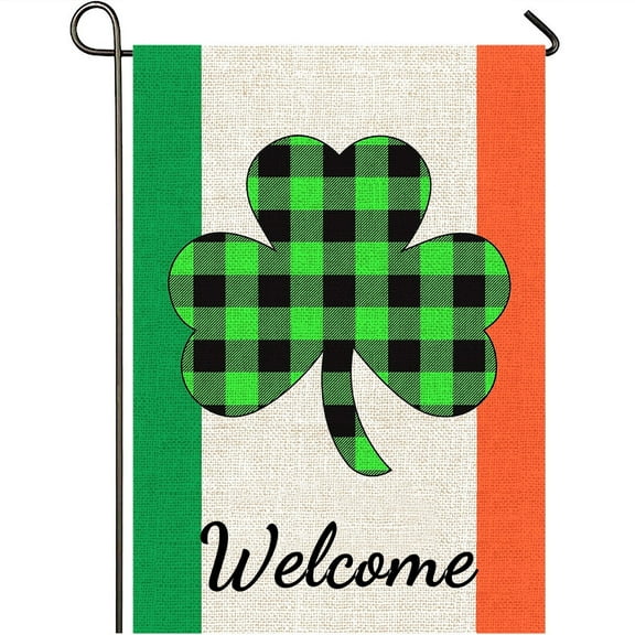 St. Patrick's Day Garden Flag Outdoor Decorations Welcome Irish Decorations Shamrock Buffalo Check Plaid Thick Weatherproof Small Burlap Yard Flag Accessories 12.5 x 18 Inches