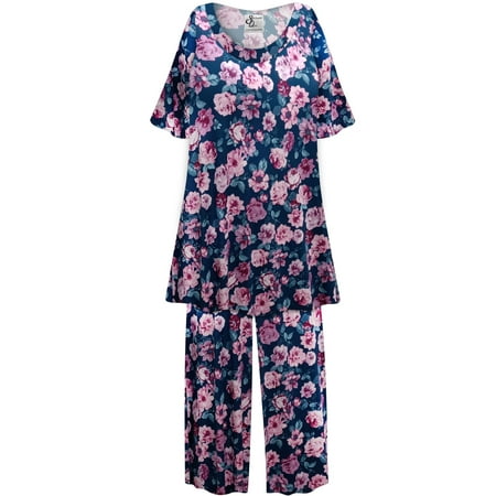 

Plus Size Women’s Short Sleeve Sleepwear with Long Pants Soft Loungewear Teal Garden Print Pajama Set Extra Tall XL 9x