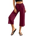 thumbnail image 3 of Linen Capris for Women Wide Leg Petite Pull On Pants with Drawstring Elastic Waist Casual Cropped Pants Wine L, 3 of 6
