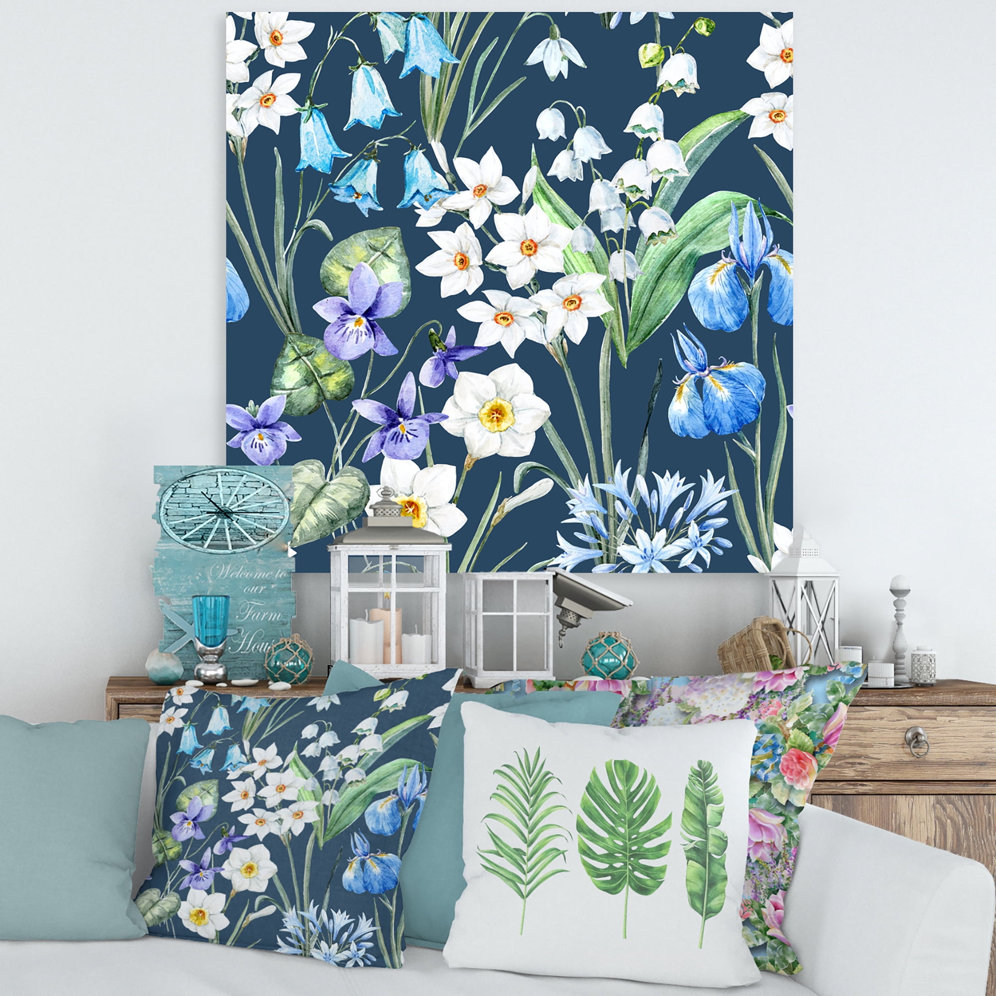 Designart ' Blue and White Spring Flowers On Dark Blue ' Traditional Canvas Wall Art Print