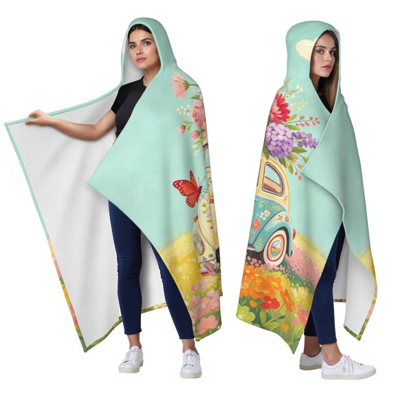 Vintage Car Wearable Blanket Hoodies for Women Men Adults Car Lovers Cozy Plush Floral Car Hooded Blankets for Bedding Travel Decor Birthday Gifts 50×60 Inch
