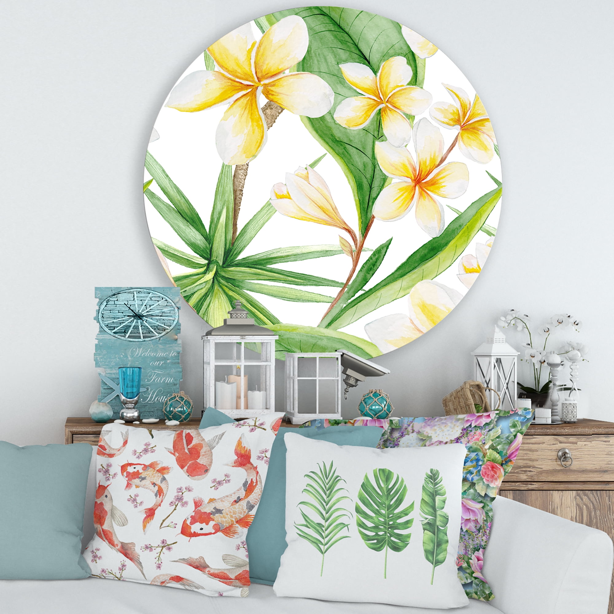 Designart 'Yellow Flowers and Tropical Foliage X' Traditional Circle Metal Wall Art 36x36 - Disc of 36