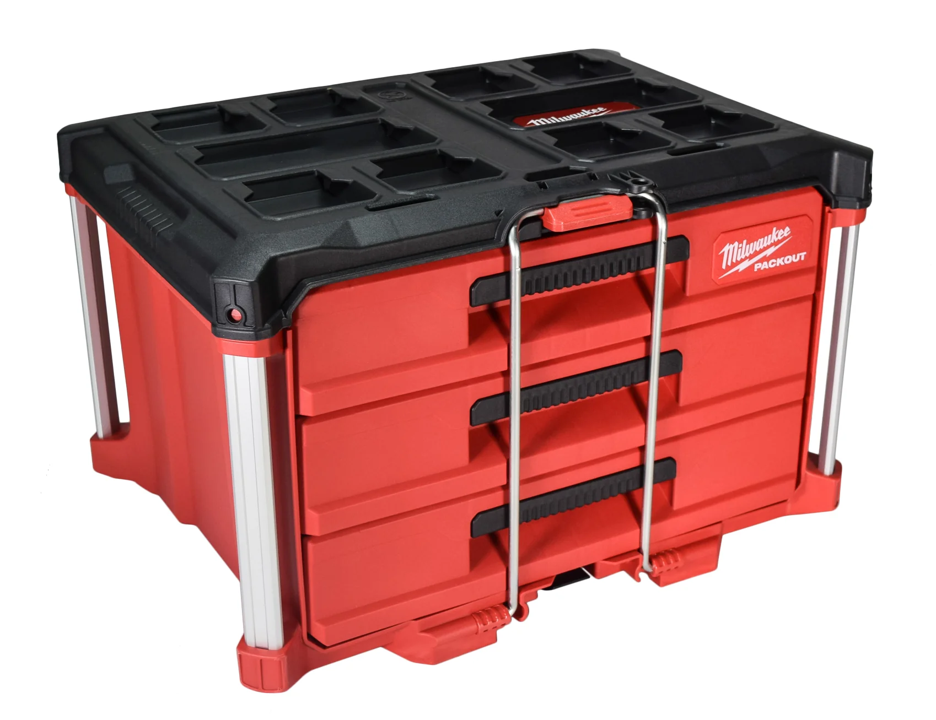Milwaukee PACKOUT 3-Drawer Tool Box – Modular Storage with Locking Security Bar & Quick-Adjust Dividers - Perfect for Jobsite, Garage, or Tactical Applications - 48-22-8443