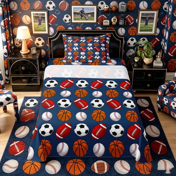 Castle Fairy Football Soccer Basketball Baseball Twin Sheets 3pcs, Sport Theme Bedding, Blue White,1 Fitted Sheet, 1 Flat Sheet and 1 Pillowcase